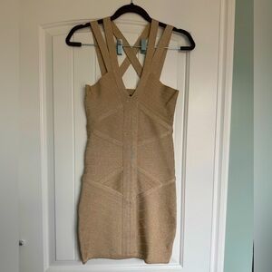 bebe Dress Women Small Gold V Neck Bandage Mini Stretch Bodycon Going Out